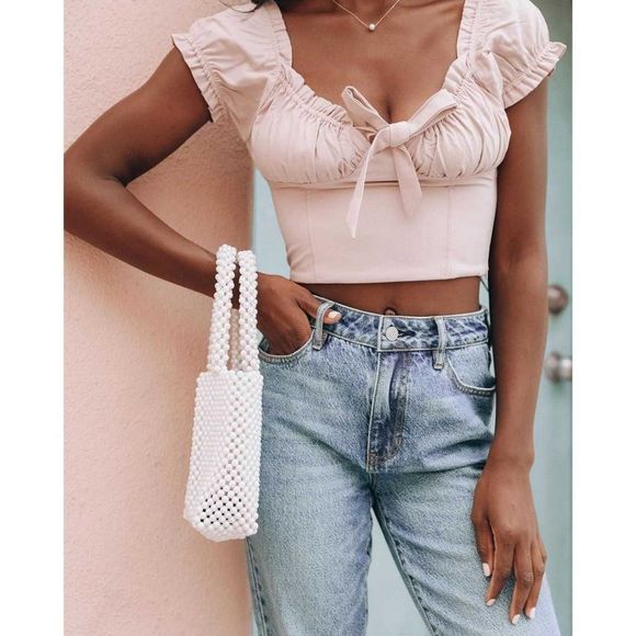 PacSun Tops - Lottie Moss Tie Front Bustier Top Light Pink Size M Crop Puffed Short Sleeve